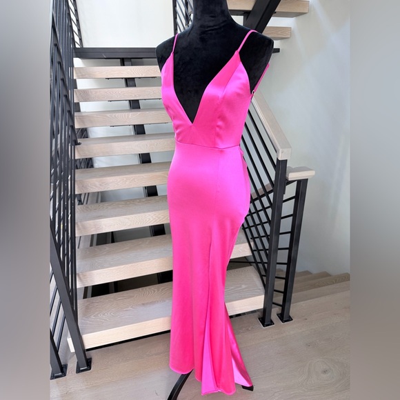 New Hot Pink Satin Mermaid Maxi Dress Evening Gown Cocktail Wedding size XS - Picture 4 of 10